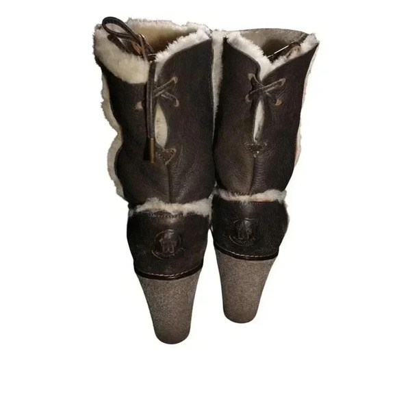 Moncler Brown Leather Merino Fur Boots Platform Wedge Booties 39 USA 8.5 - Picture 8 of 14